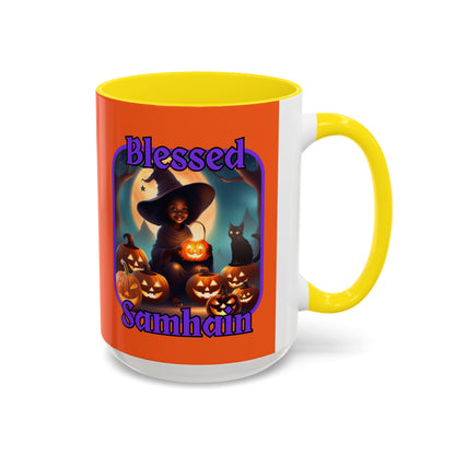 Blessed Samhain Cute Witch Purple font Orange Accent Mug by CreepyCrafts.boo