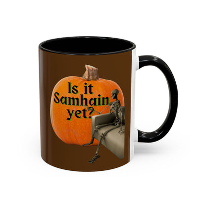 Is It Samhain Yet? Skeleton's Giant Pumpkin Brown Accent Mug by CreepyCrafts.boo