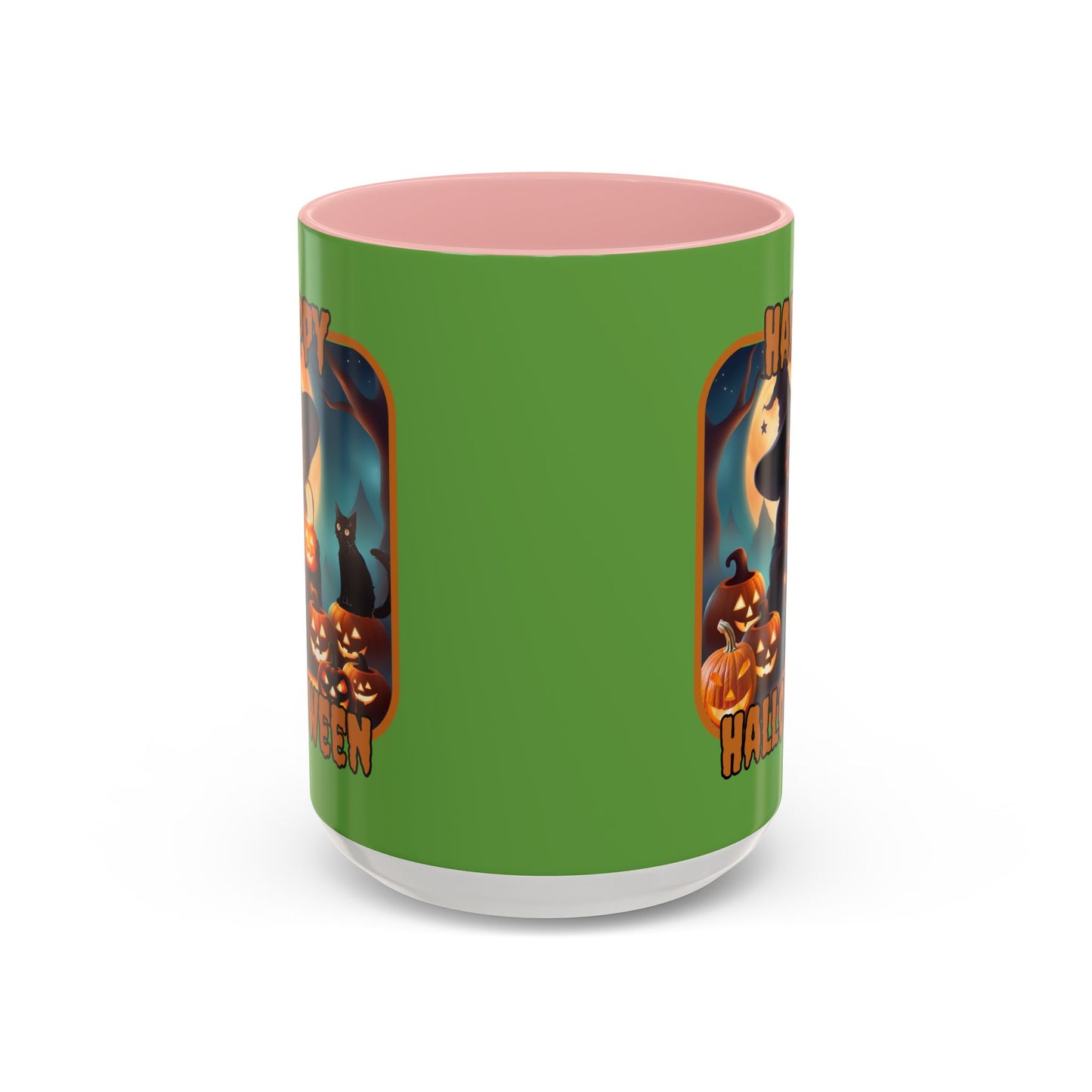 Happy Halloween Cute Witch Orange font Green Accent Mug by CreepyCrafts.boo