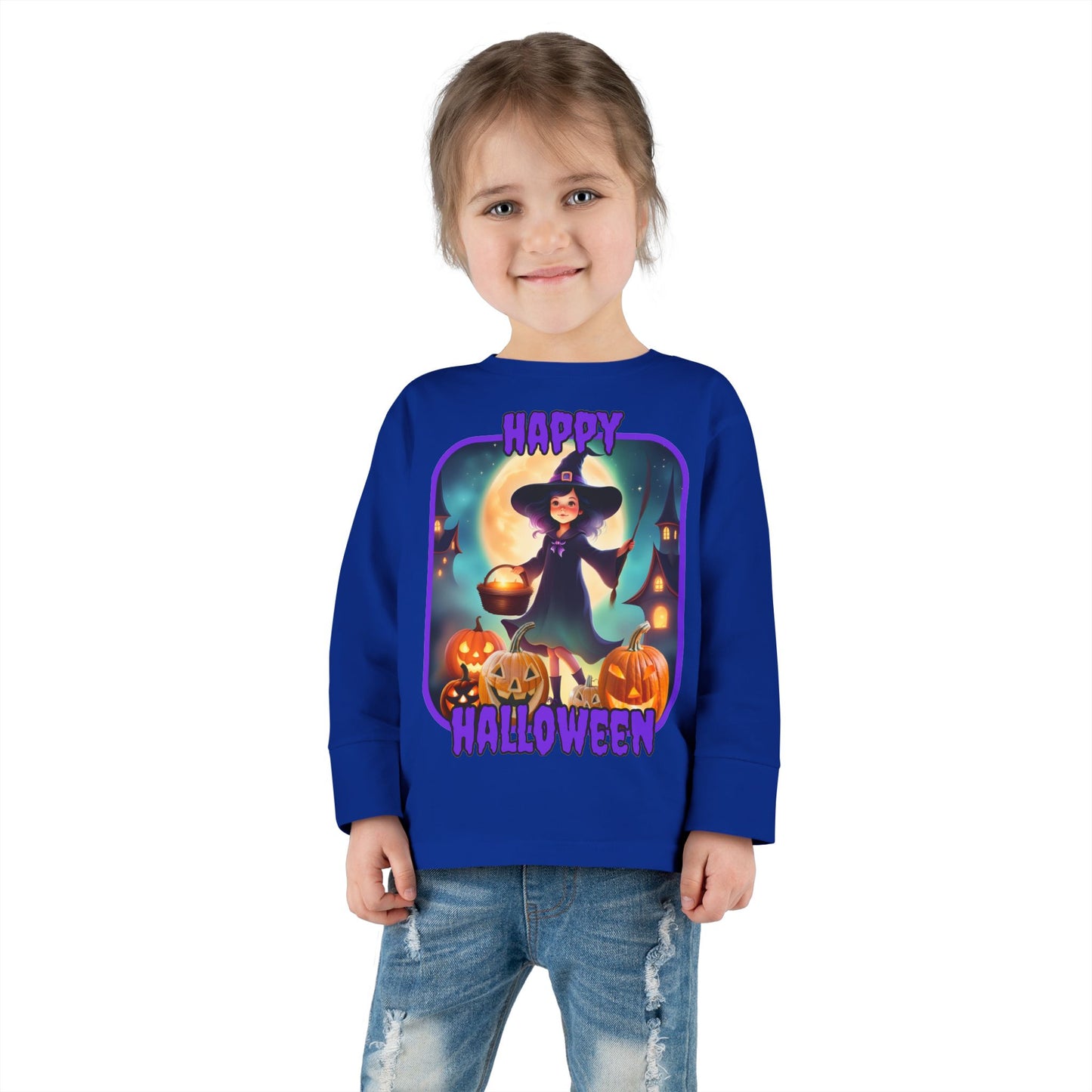 Happy Halloween Little Witch Purple font Toddler Long Sleeve Tee by CreepyCrafts.boo