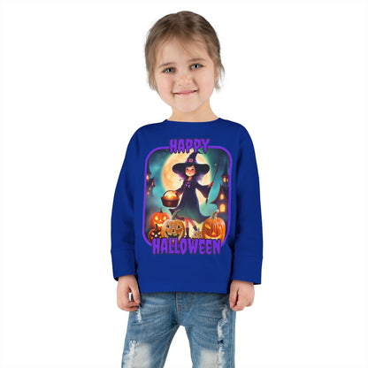 Happy Halloween Little Witch Purple font Toddler Long Sleeve Tee by CreepyCrafts.boo