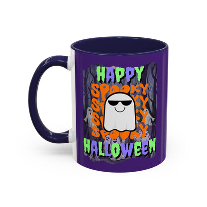 Spooky Happy Halloween Ghost Mixed font Purple Accent Mug by CreepyCrafts.boo