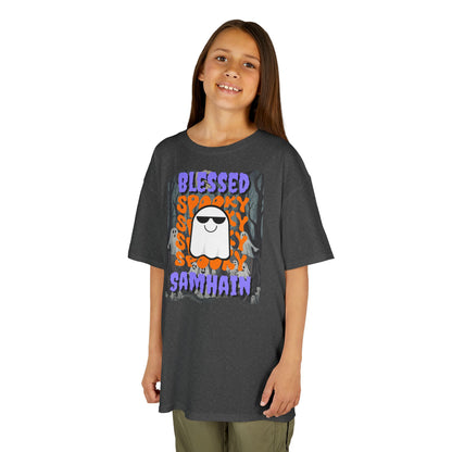 Spooky Blessed Samhain Ghost Purple font Kids Heavy Cotton™ Tee by CreepyCrafts.boo
