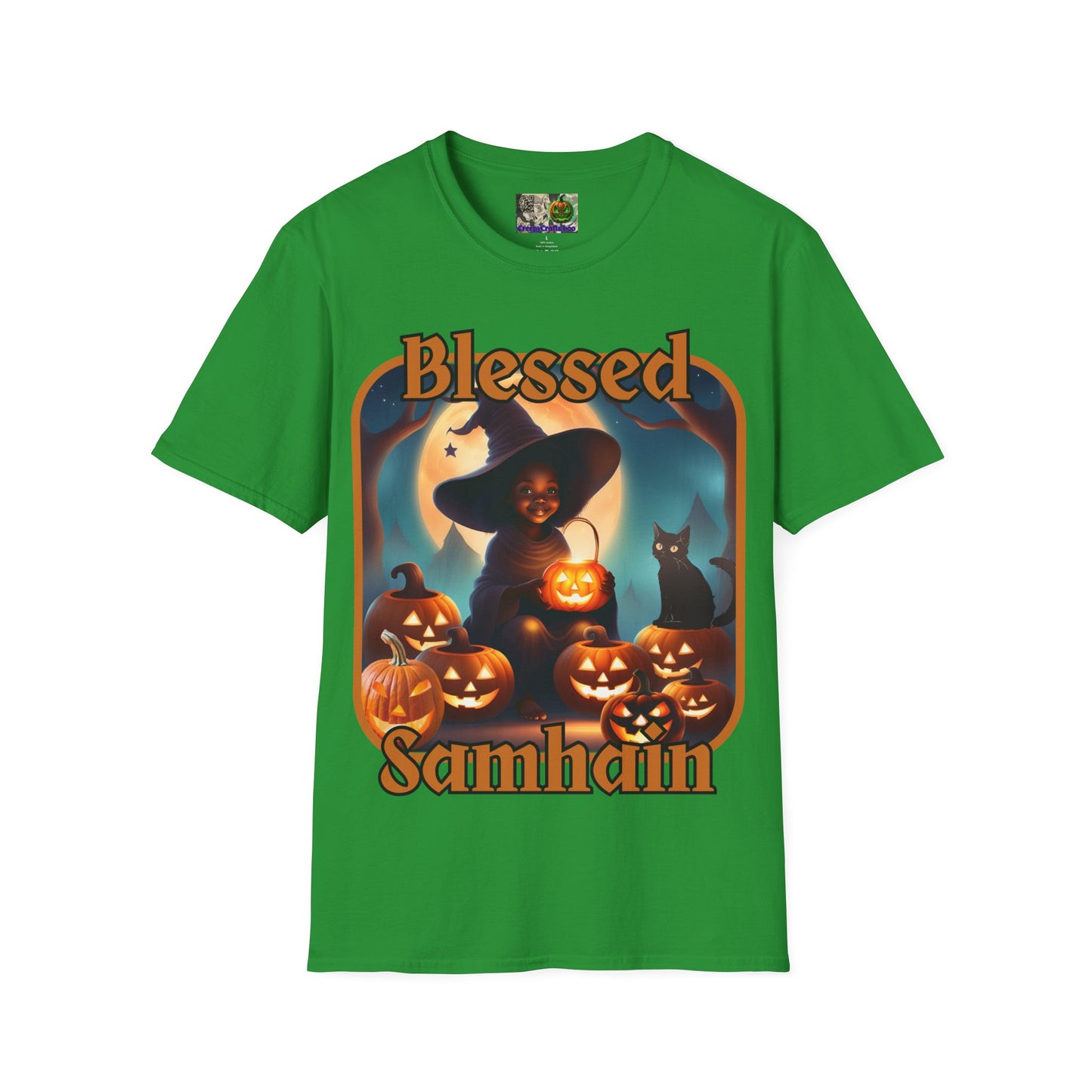 Blessed Samhain Cute Witch Orange font Dark colors Unisex T-Shirt by CreepyCrafts.boo