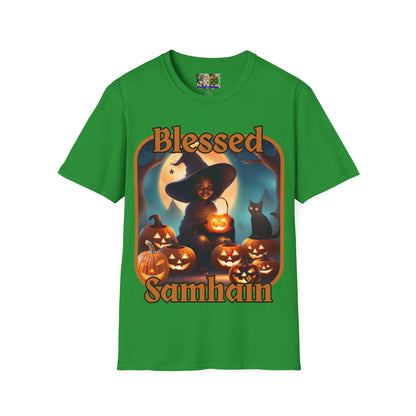 Blessed Samhain Cute Witch Orange font Dark colors Unisex T-Shirt by CreepyCrafts.boo