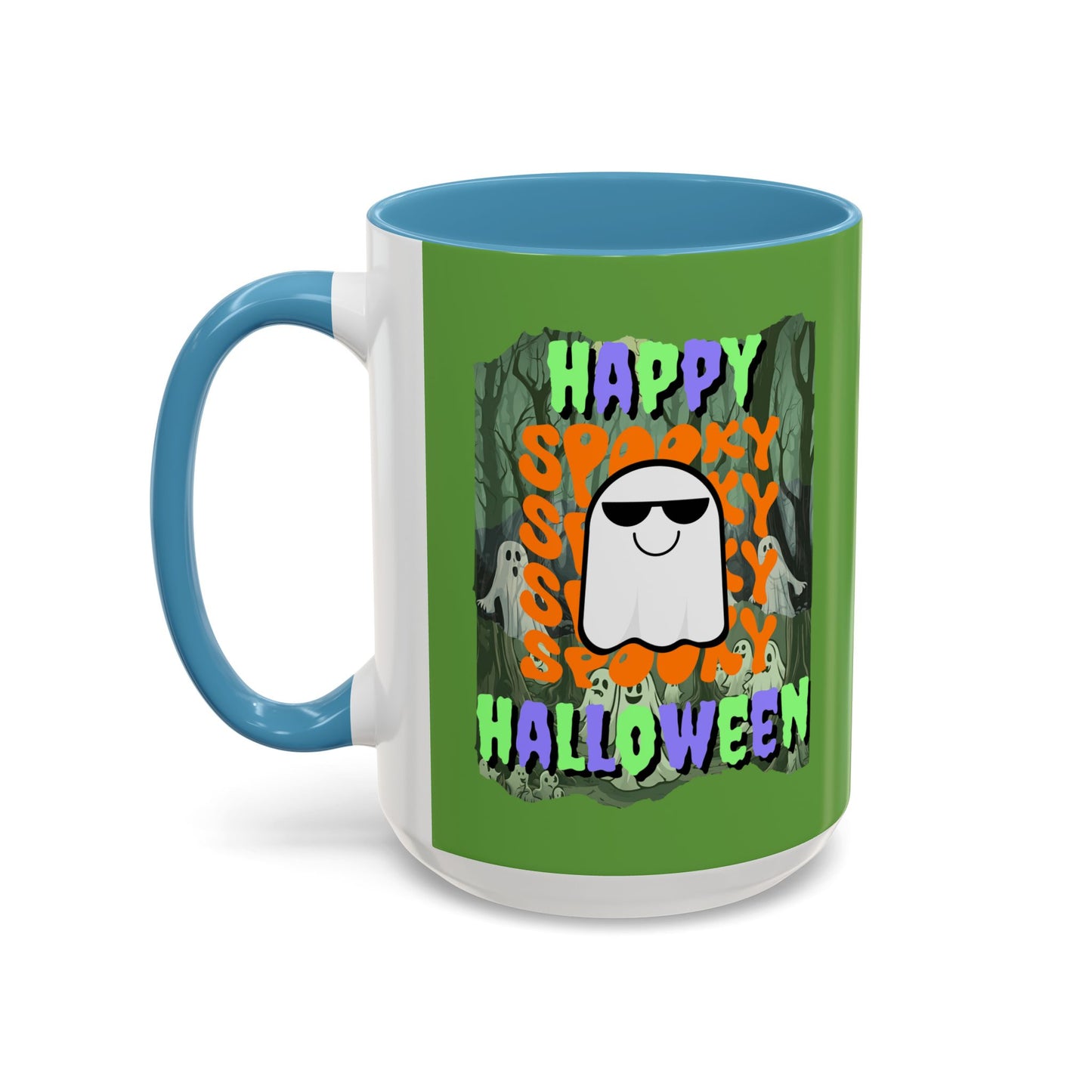 Spooky Happy Halloween Ghost Mixed font Green Accent Mug by CreepyCrafts.boo