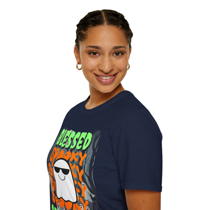 Spooky Blessed Samhain Ghost Green font Unisex T-Shirt by CreepyCrafts.boo