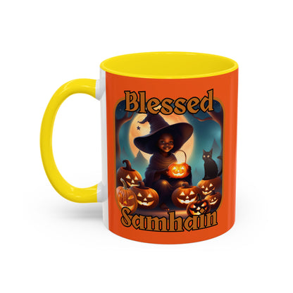 Blessed Samhain Cute Witch Orange font Orange Accent Mug by CreepyCrafts.boo