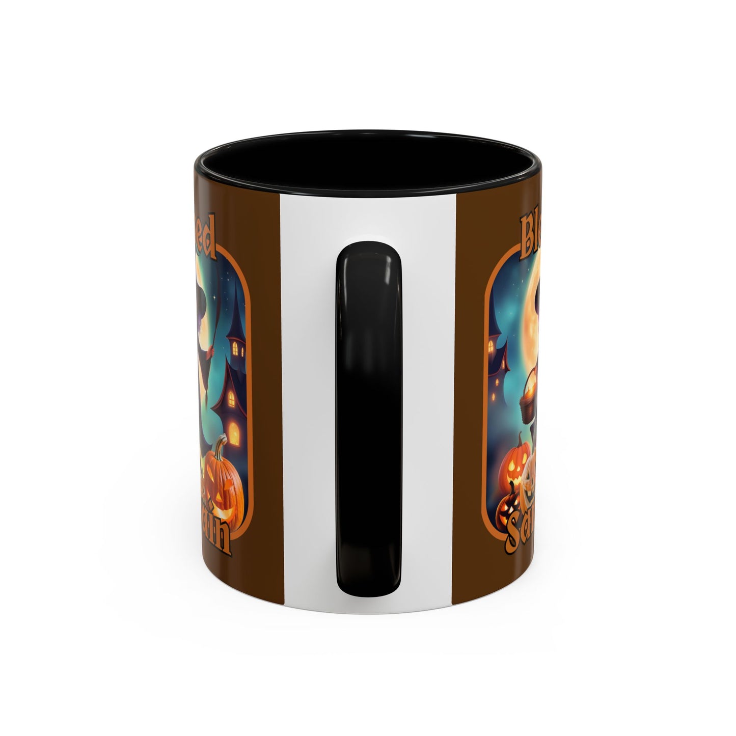 Blessed Samhain Little Witch Orange font Brown Accent Mug by CreepyCrafts.boo