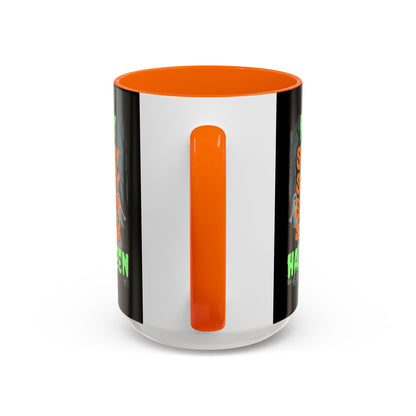 Spooky Happy Halloween Ghost Green font Black Accent Mug by CreepyCrafts.boo