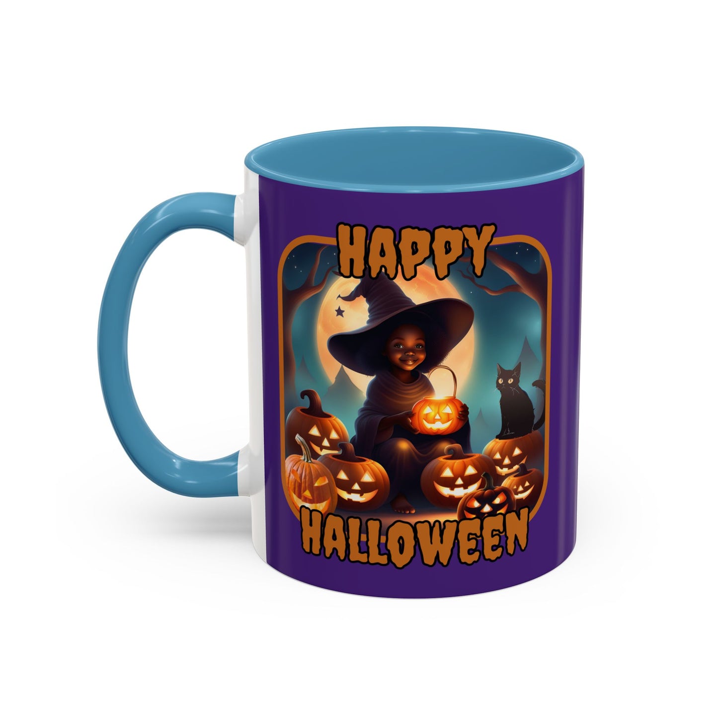 Happy Halloween Cute Witch Orange font Purple Accent Mug by CreepyCrafts.boo