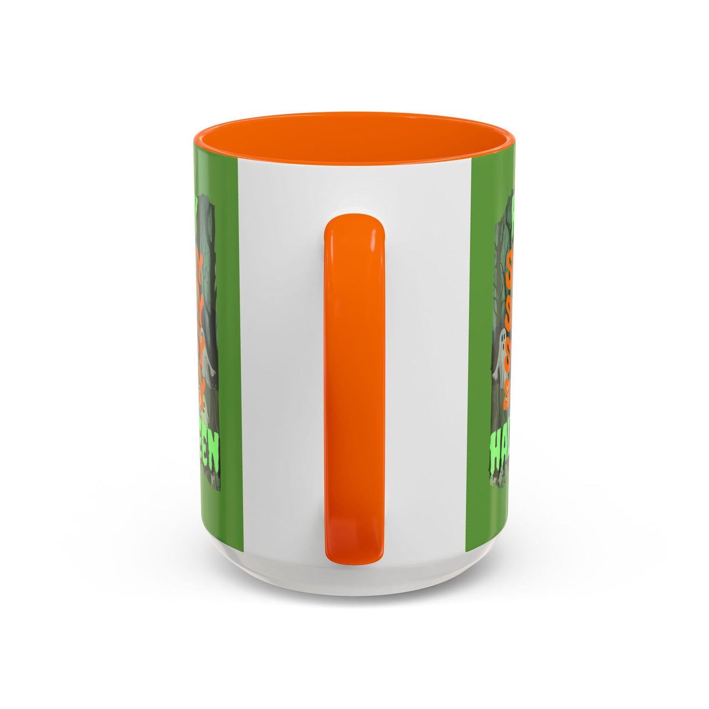 Spooky Happy Halloween Ghost Green font Green Accent Mug by CreepyCrafts.boo