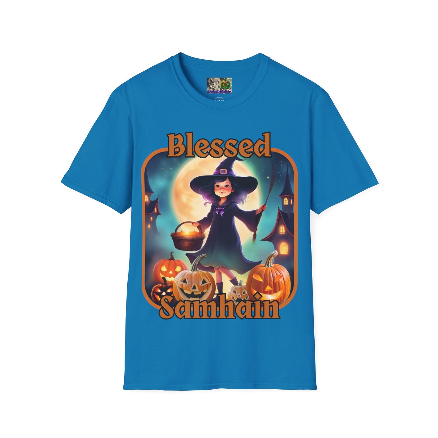 Blessed Samhain Little Witch Orange font Dark colors Unisex T-Shirt by CreepyCrafts.boo