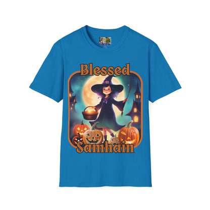 Blessed Samhain Little Witch Orange font Dark colors Unisex T-Shirt by CreepyCrafts.boo