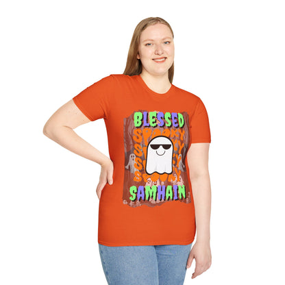 Spooky Blessed Samhain Ghost Mixed font Unisex T-Shirt by CreepyCrafts.boo