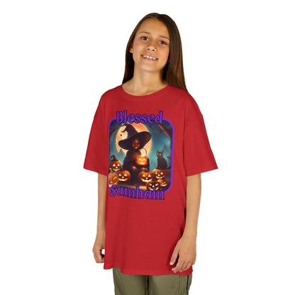Blessed Samhain Cute Witch Purple font Kids Heavy Cotton™ Tee by CreepyCrafts.boo