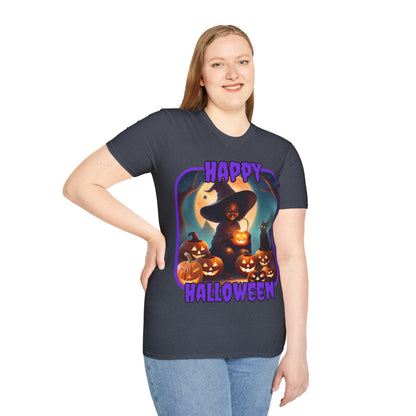 Happy Halloween Cute Witch Purple font Dark colors Unisex T-Shirt by CreepyCrafts.boo