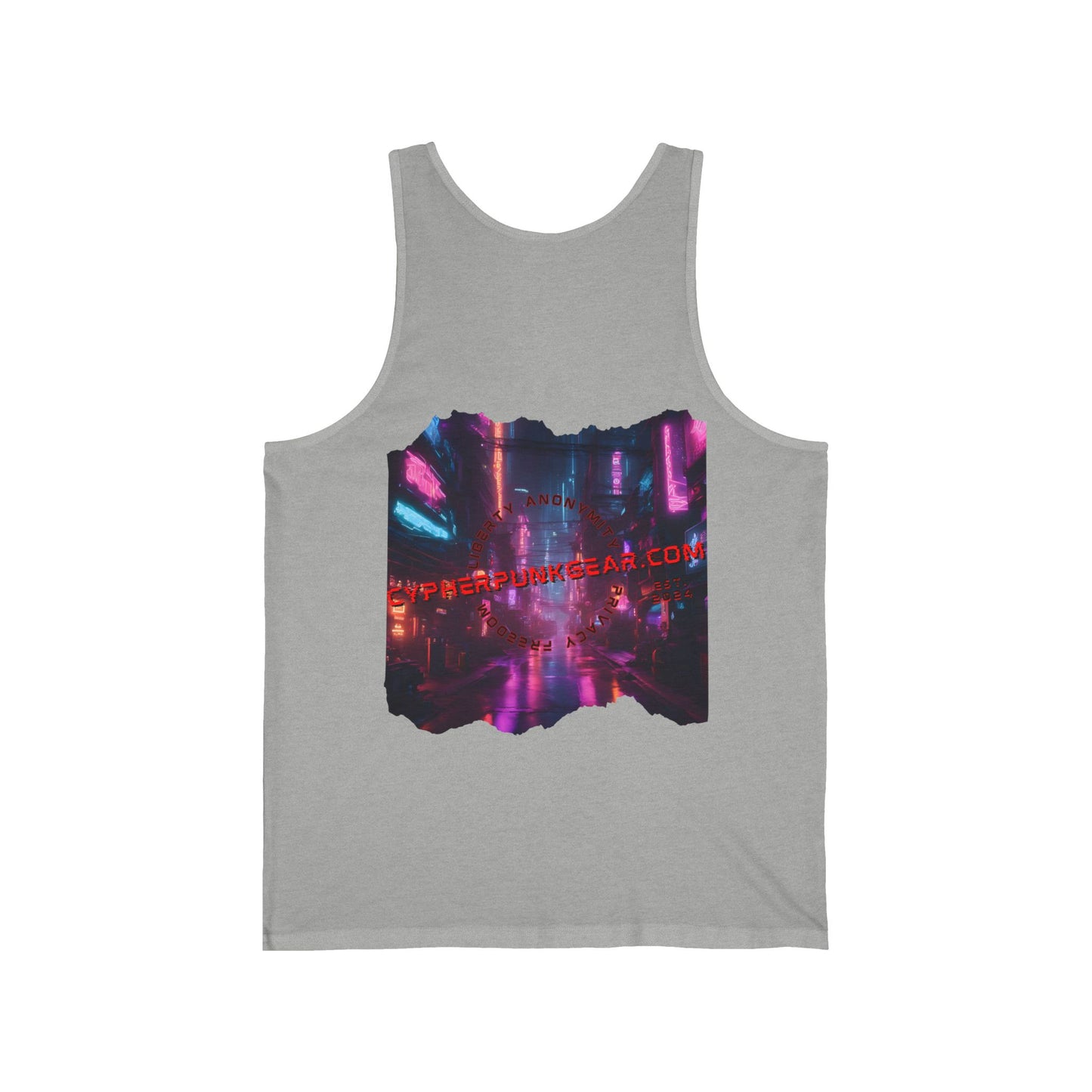 2-sided, cypherpunkgear.com Logo & Cityscape Unisex Jersey Tank Top by cypherpunkgear.com