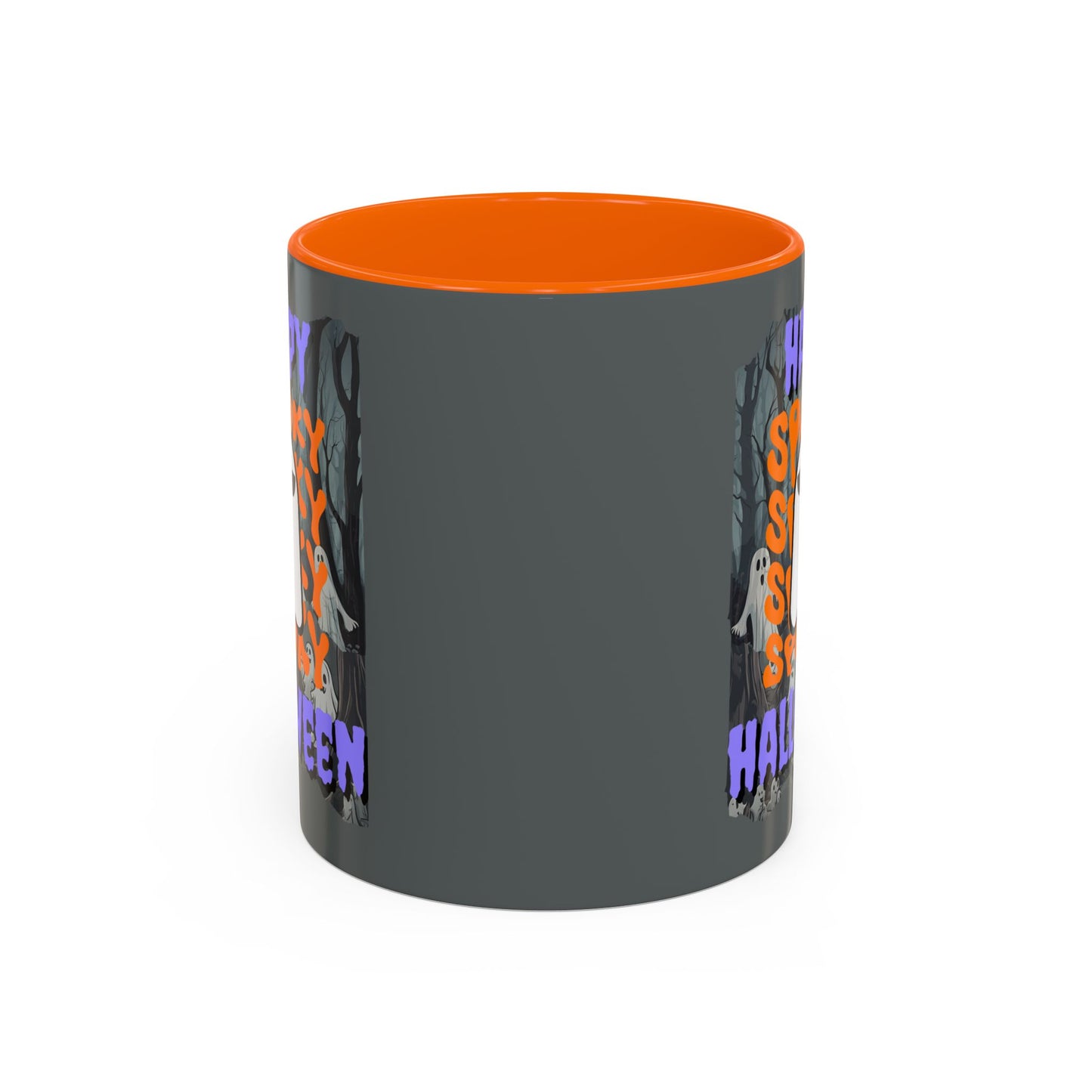 Spooky Happy Halloween Ghost Purple font Grey Accent Mug by CreepyCrafts.boo