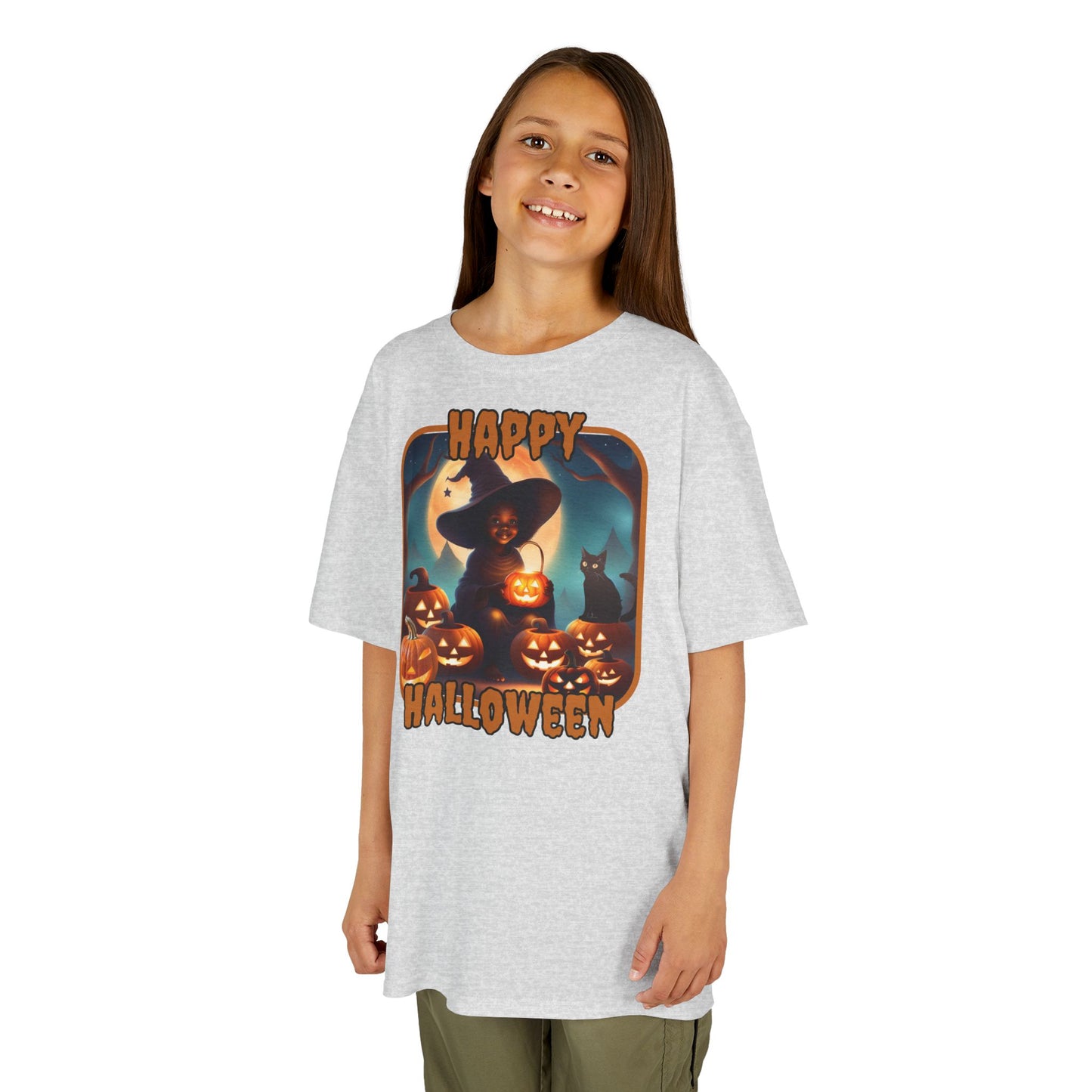 Happy Halloween Cute Witch Orange font Kids Heavy Cotton™ Tee by CreepyCrafts.boo