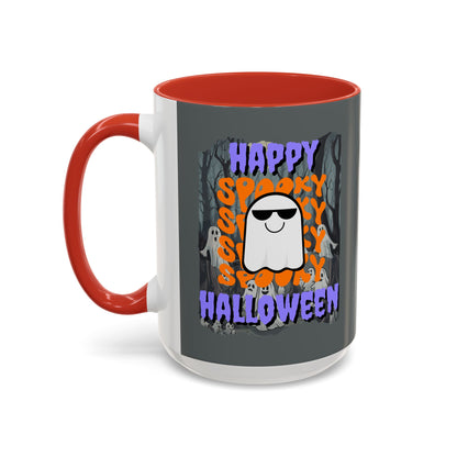 Spooky Happy Halloween Ghost Purple font Grey Accent Mug by CreepyCrafts.boo
