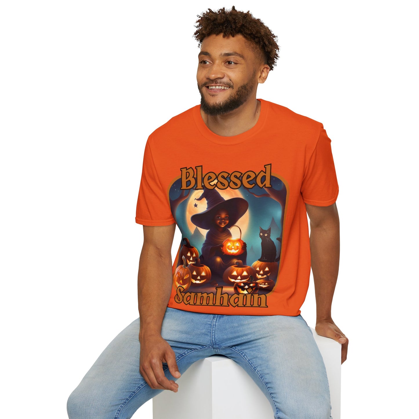 Blessed Samhain Cute Witch Orange font Light colors Unisex T-Shirt by CreepyCrafts.boo