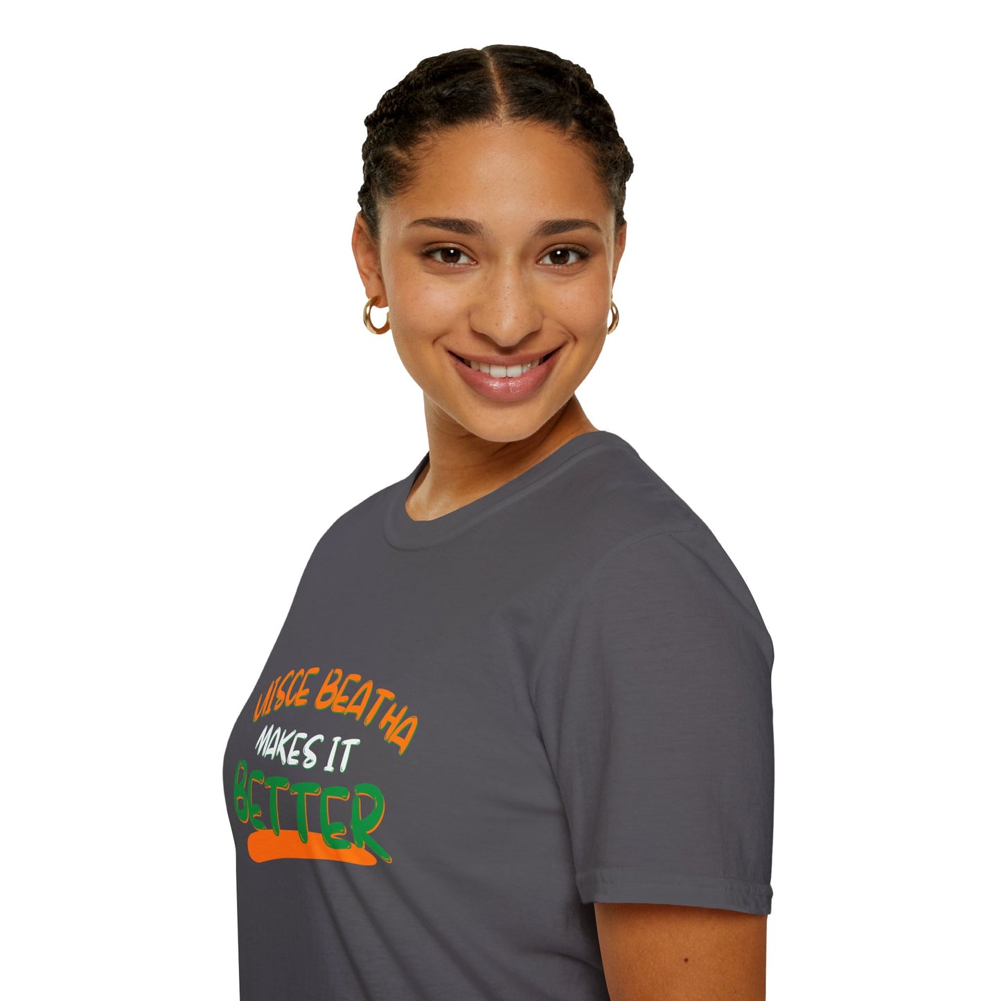 Uisce Beatha makes it better Orange, White, and Green font Dark colors Unisex T-Shirt by cypherpunkgear.com