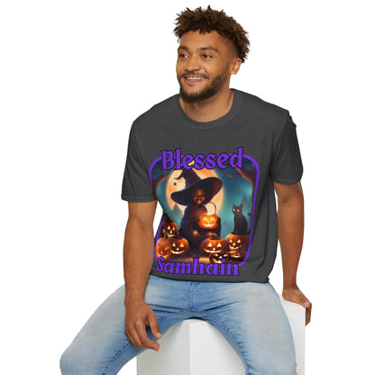 Blessed Samhain Cute Witch Purple font Dark colors Unisex T-Shirt by CreepyCrafts.boo