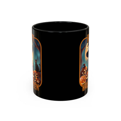 Happy Halloween Cute Witch Orange font Black Accent Mug by CreepyCrafts.boo