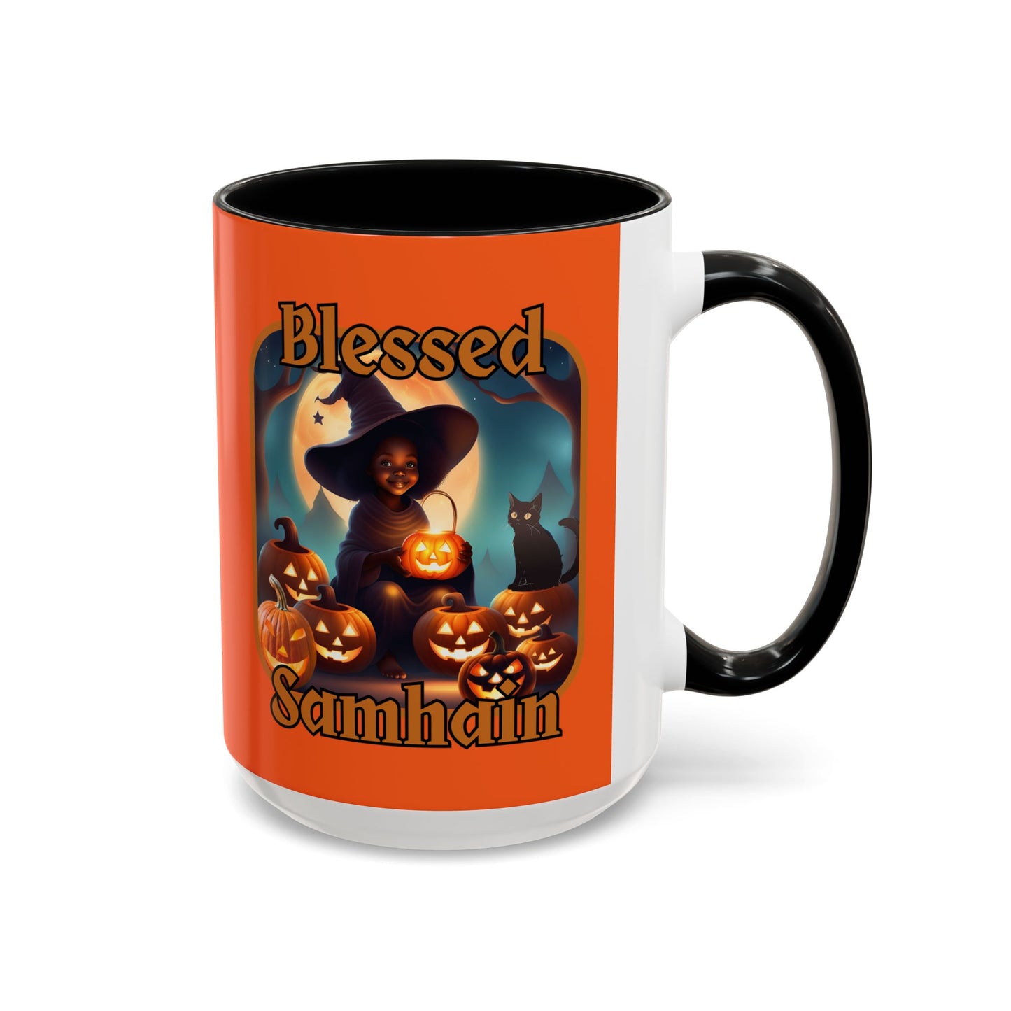 Blessed Samhain Cute Witch Orange font Orange Accent Mug by CreepyCrafts.boo