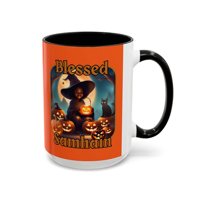 Blessed Samhain Cute Witch Orange font Orange Accent Mug by CreepyCrafts.boo