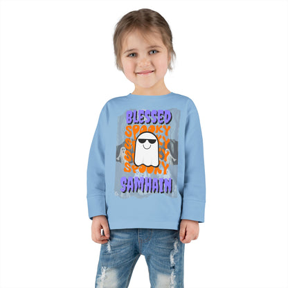 Spooky Blessed Samhain Ghost Purple font Toddler Long Sleeve Tee by CreepyCrafts.boo
