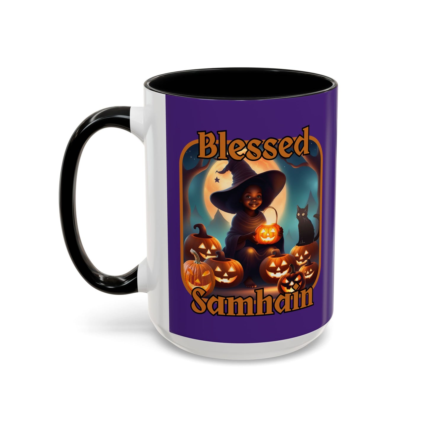 Blessed Samhain Cute Witch Orange font Purple Accent Mug by CreepyCrafts.boo