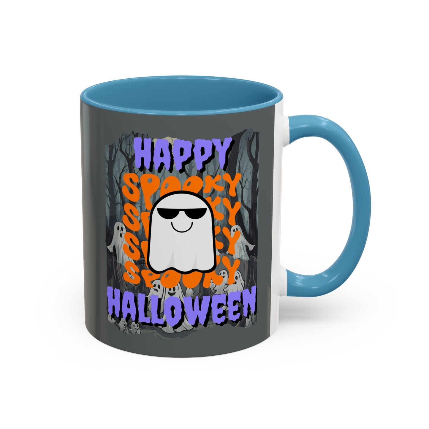 Spooky Happy Halloween Ghost Purple font Grey Accent Mug by CreepyCrafts.boo