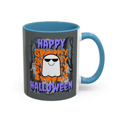 Spooky Happy Halloween Ghost Purple font Grey Accent Mug by CreepyCrafts.boo