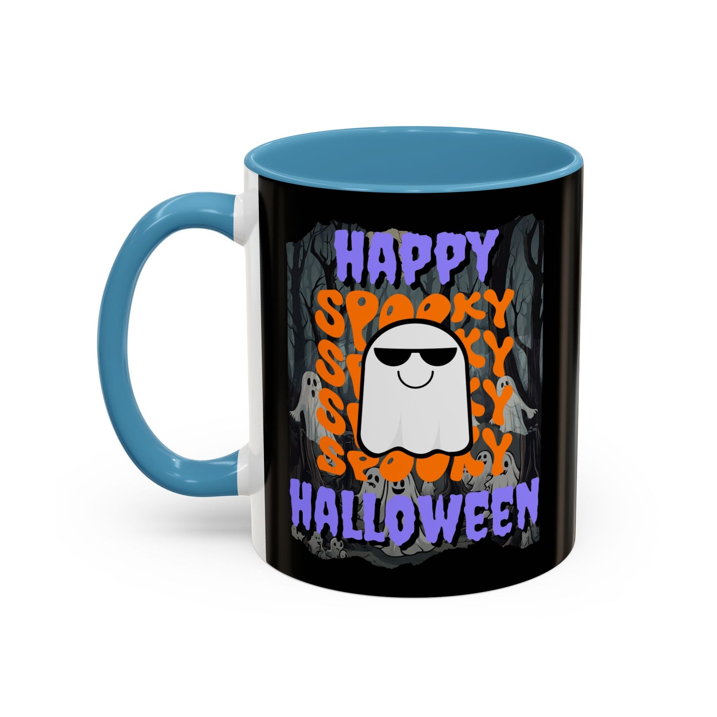 Spooky Happy Halloween Ghost Purple font Black Accent Mug by CreepyCrafts.boo