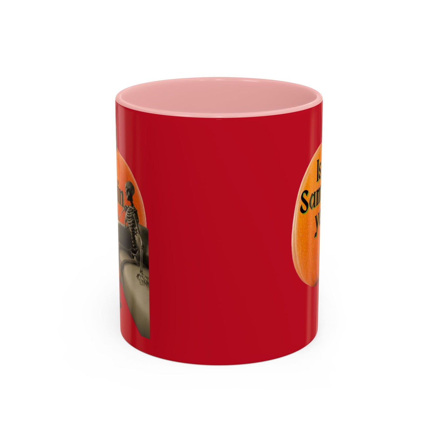 Is It Samhain Yet? Skeleton's Giant Pumpkin Red Accent Mug by CreepyCrafts.boo