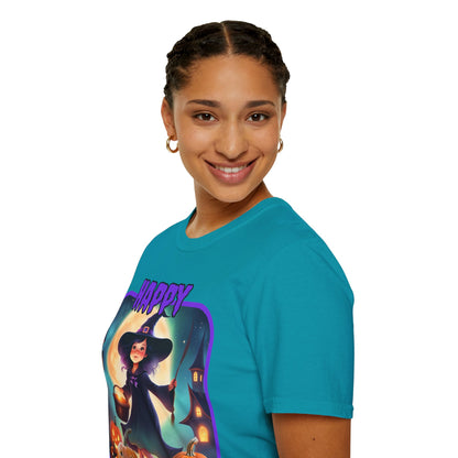 Happy Halloween Little Witch Purple font, Dark colors, Unisex T-Shirt by CreepyCrafts.boo