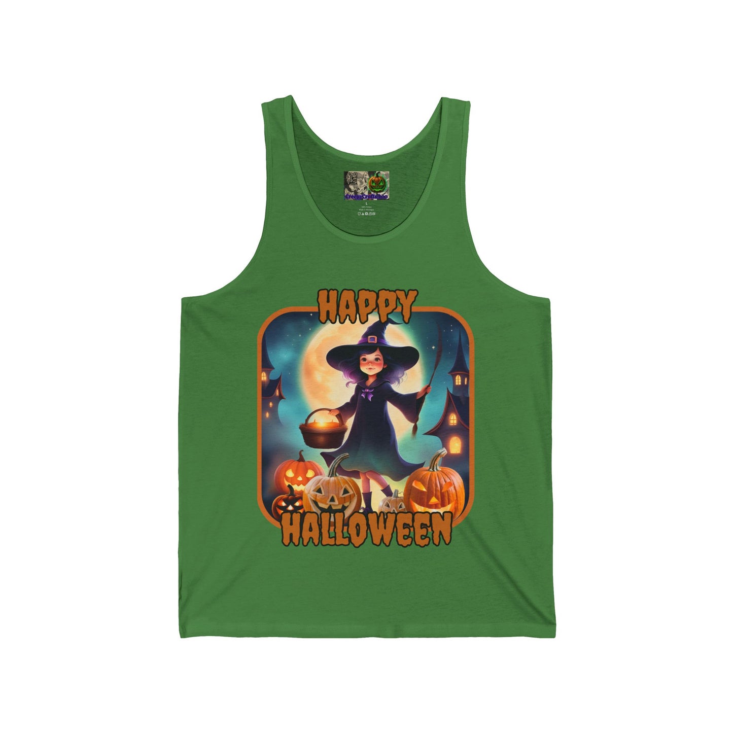 Happy Halloween Little Witch Orange font Unisex Jersey Tank Top by CreepyCrafts.boo