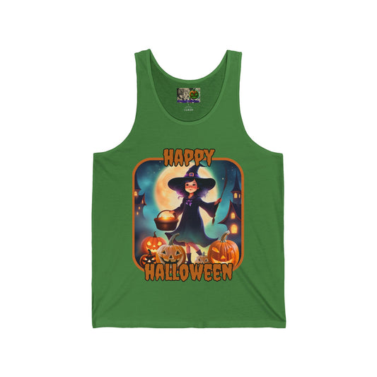 Happy Halloween Little Witch Orange font Unisex Jersey Tank Top by CreepyCrafts.boo