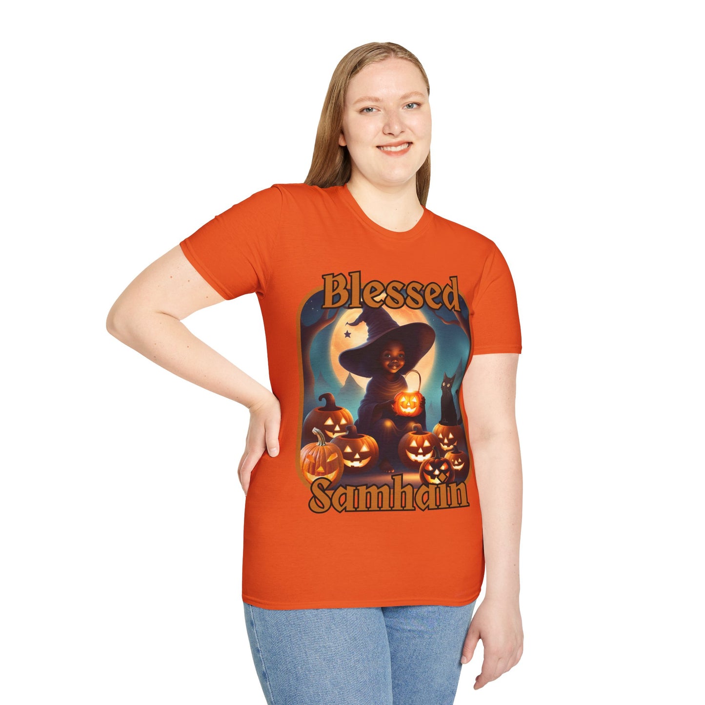 Blessed Samhain Cute Witch Orange font Light colors Unisex T-Shirt by CreepyCrafts.boo