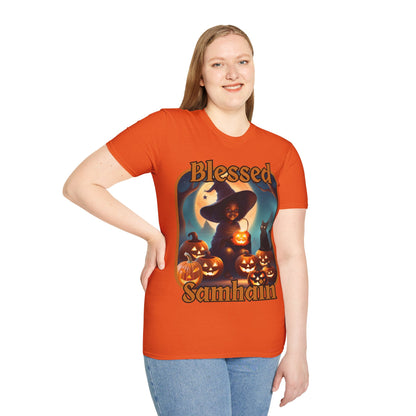 Blessed Samhain Cute Witch Orange font Light colors Unisex T-Shirt by CreepyCrafts.boo