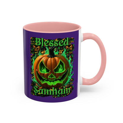 Blessed Samhain Green Jack Purple Accent Mug by CreepyCrafts.boo