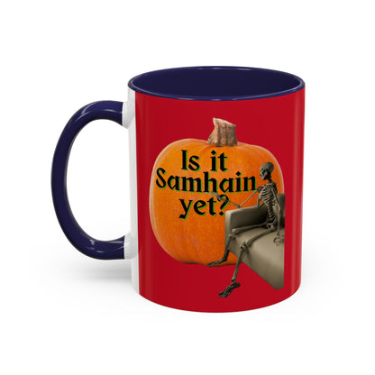 Is It Samhain Yet? Skeleton's Giant Pumpkin Red Accent Mug by CreepyCrafts.boo