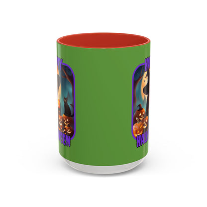 Happy Halloween Cute Witch Purple font Green Accent Mug by CreepyCrafts.boo