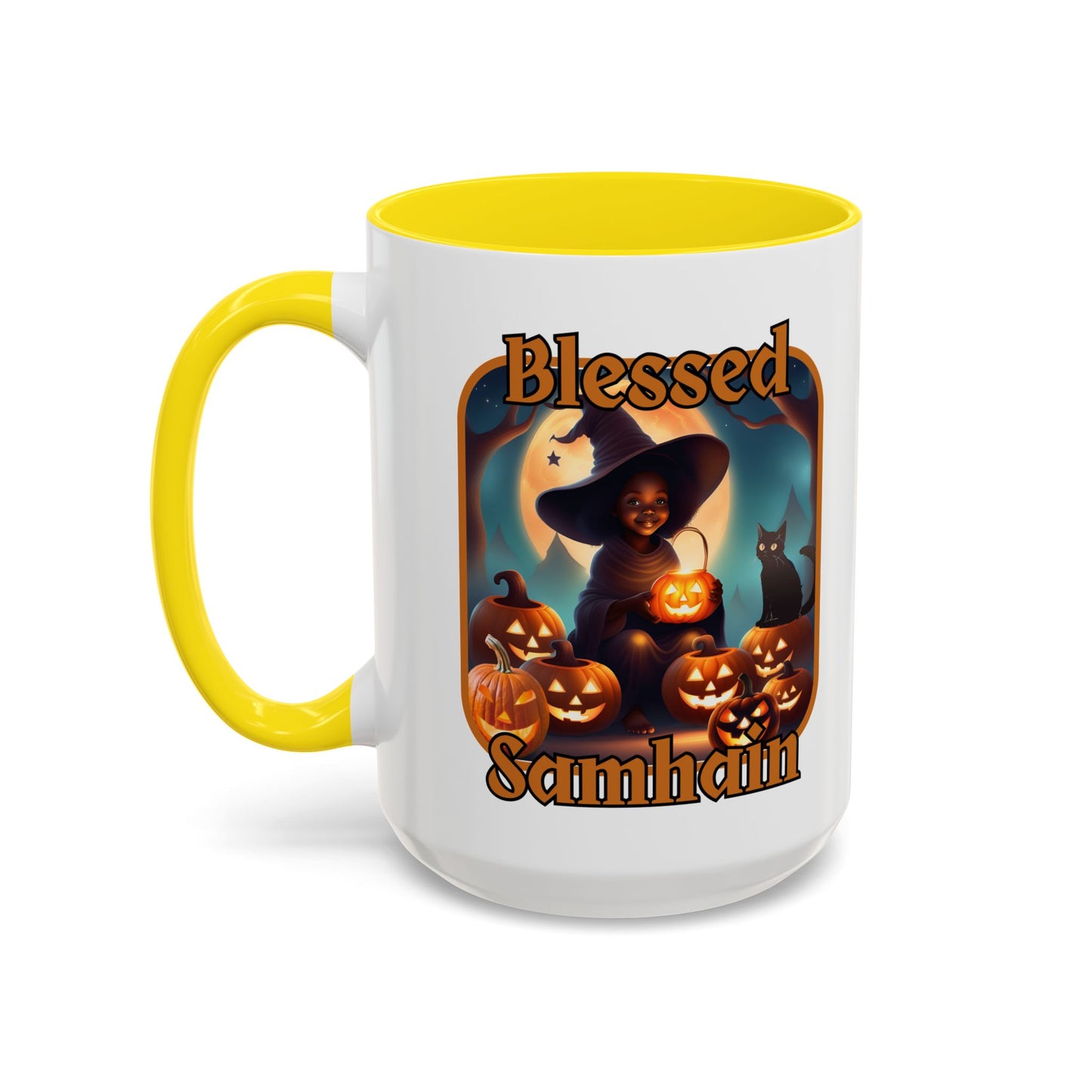 Blessed Samhain Cute Witch Orange font White Accent Mug by CreepyCrafts.boo