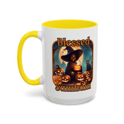 Blessed Samhain Cute Witch Orange font White Accent Mug by CreepyCrafts.boo