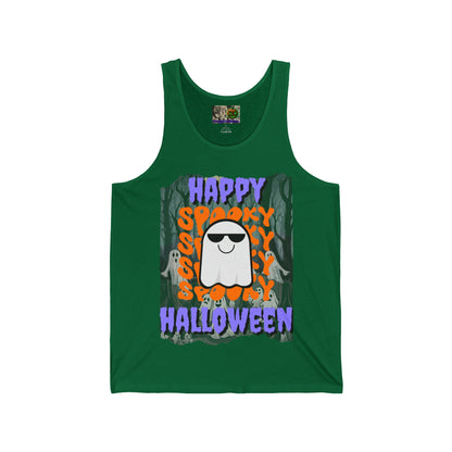 Spooky Happy Halloween Ghost Purple font Unisex Jersey Tank Top by CreepyCrafts.boo