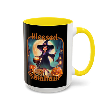 Blessed Samhain Little Witch Orange font Black Accent Mug by CreepyCrafts.boo