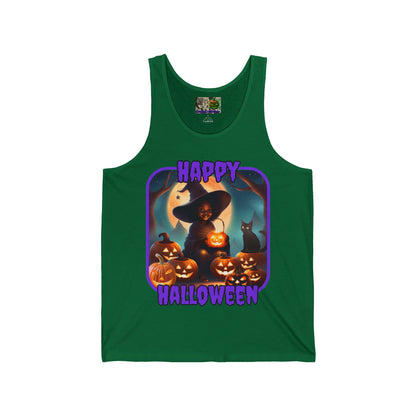Happy Halloween Cute Witch Purple font Unisex Jersey Tank Top by CreepyCrafts.boo